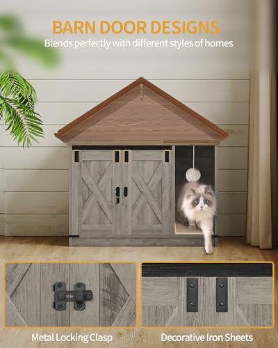 Hzuaneri Cat Litter Box Enclosure, Hidden Litter Box Cabinet Furniture with Bell, Indoor Cat House, Farmhouse Style, 31.5 x 19.7 x 20.9Inches, for Hallway, Bedroom, Light Ivory and Brown CB82405X - color: Light Ivory and Brown, size: 31.5"L x 19.7"W x 20.