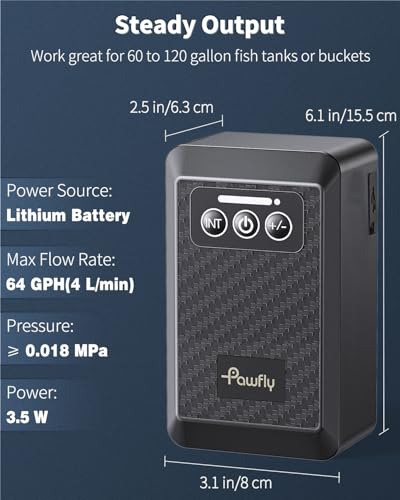 Pawfly Aquarium Lithium Battery Powered Air Pump USB Rechargeable Oxygen Pump Portable Live Bait Aerator Pump for Outdoor Fishing and Fish Transportation - size: 60-100 Gal（3.5 W）