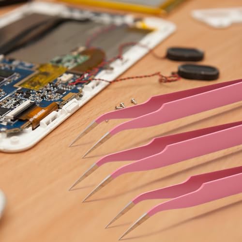 Honoson 9 Pieces Curved Pointed Craft Tweezers Stainless Steel Precision Tweezer with Protective Cover for Rhinestones Dried Flowers Craft Stickers Eyelash Extension Jewelry Making(Pink) - color: Pink