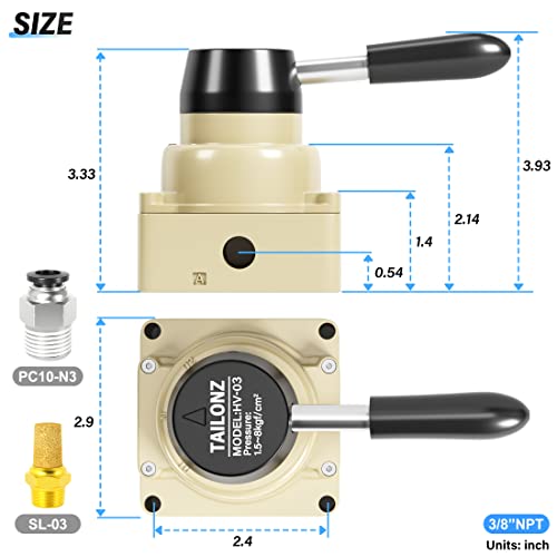 TAILONZ PNEUMATIC Rotary Lever Hand Valve HV-03 3/8”NPT Air Flow Control 3 Position 4 Way - size: 3/8" NPT