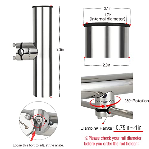 AMYSPORTS Rail Mount Rod Clamp Holders Boat Clamp Holders Rod Stainless Steel Fishing Rods Holder Adjustable Marine Side Mounted Support for Kayak Boats Fishing