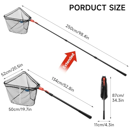 SAN LIKE Fishing Net Fish Landing Net Collapsible Fish Net with Anti-Slip Telescoping Rubber Pole Handle for Kids Adults in Saltwater Freshwater Multi-Size Extending to 37/42/43/51/69/71/89/98inch - color: Orange Fiberglass Pole,Length 53.14" to 98.42"