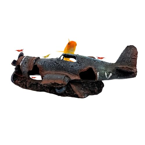 CTWPets Crashed Plane Shrimp Shelter, 9 Inch Aquarium Decor, Resin Plane Wreck Cave Hideout for Shrimp, Betta, Snails & Nano Fish