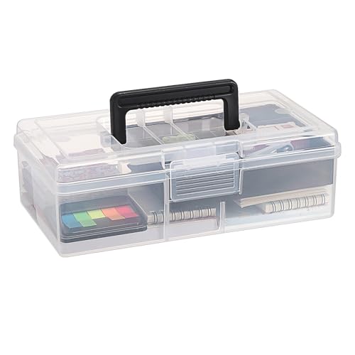 JUXYES Plastic Carry Storage Box with Removable Dividers, Clear Art Craft Supply Storage Bin Sewing Box With Handle Lid, 2 Layers Stationery Storage Case for School/Office Supplies - color: Black