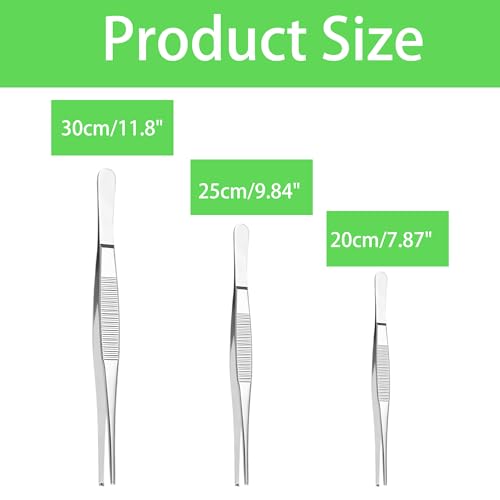 3PCS Stainless Steel Tweezers Set 8" 10" 12", Long Kitchen Tongs with Precision Serrated Tips for Cooking, Medical, Garden, Aquarium and Laboratory Use