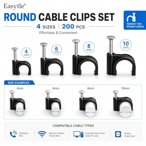 200 Pcs Cable Clips 4/6/8/10mm Nail in Cable Clips Cable Wire Clips Cable Tacks Coax Cable Clips Speaker Wire Clips Cable Nails for Cords Wall Wire Clips RG6 RG59 CAT6 RJ45 Ethernet Cable Clips Black