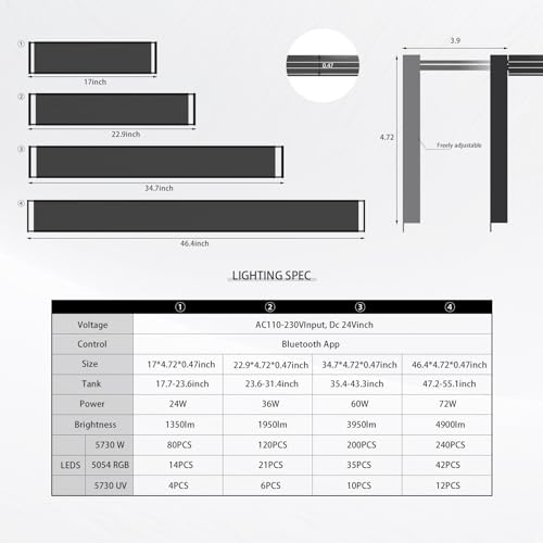 MagTool Brite Series Auto Aquarium LED Light with App-Controlled RGB+W LEDs, ADA Style Extendable Bracket, Supports Custom Sunrise/Sunset Colors in Manual/Auto/Custom Modes (Brite 45)