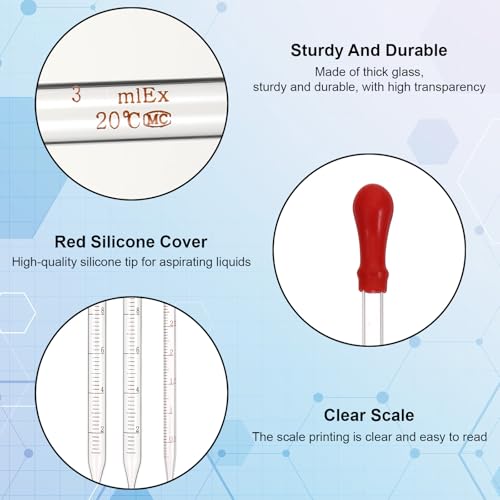 TIESOME Glass Pipette, 3 Pcs Graduated Glasses Liquid Dropper with Cleaning Brush, Lab Glass Transfer Pipette for Essential Oils, Eye Drops & Liquid Transfer, Blue & Red (3pcs: 10ml Blue, 3ml Red)