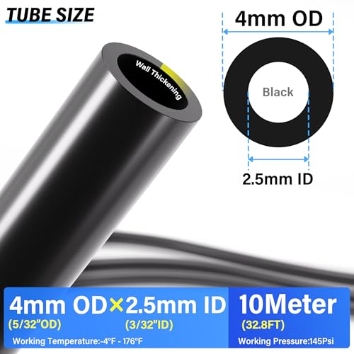 TAILONZ PNEUMATIC Black 4mm or 5/32 inch OD 2.5mm ID Polyurethane PU Air Hose Pipe Tube Kit 10 Meter 32.8ft - color: Black, size: 4mm OD/32.8ft/10m