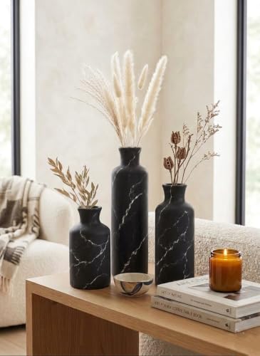 Creative Scents Black Marble Look 3pc Vase Set – Boho Vases for Decor, Modern Vases for Holding Pampas Grass, Dried/Fresh Flowers, Vases for Living Room - Kitchen, Bedroom, Office, Shelf Decor - color: Matte Black Marble Look