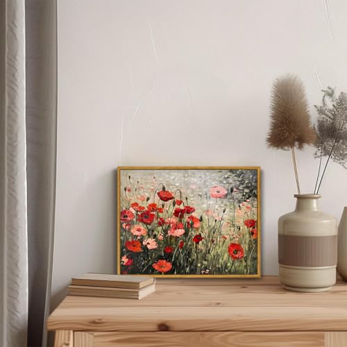 OIQArtOIQ Vintage Landscape Canvas Wall Art Framed Natural Scenery Painting Artwork Prints France Country Wilderness Farmhouse Decor Pictures Kitchen Bedroom Living Room Bathroom - color: Corn Poppy, size: 12x16 in