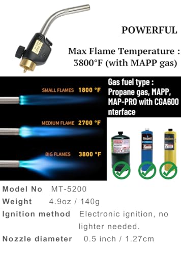 CAMPINGMOON MAPP Propane Torch Head CGA600 Interface MAP Gas Welding Torch Hose Flame Adajustable Self Ignition (Propane Torch Head MT-5200) - style: Propane Torch Head MT-5200