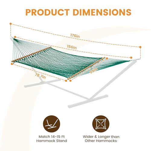Lazy Daze Hammocks 13-FT Polyester Rope Hammock, Double 2 Person Traditional Hand Woven Outdoor Hammock with Spreader Bar, Carabiners, Tree Straps, Chains for Outside Patio- Max 450 Lbs, Green - color: Green