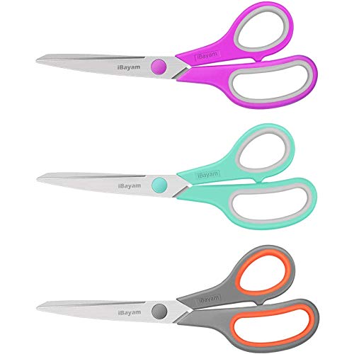 Scissors, iBayam 8" All Purpose Scissors Bulk 3-Pack, Ultra Sharp 2.5mm Thick Blade Shears Comfort-Grip for Office Desk Accessories Sewing Fabric Home Craft Teacher School Supplies, Right/Left Handed - color: Mint, Grey, Purple, size: 3-Pack