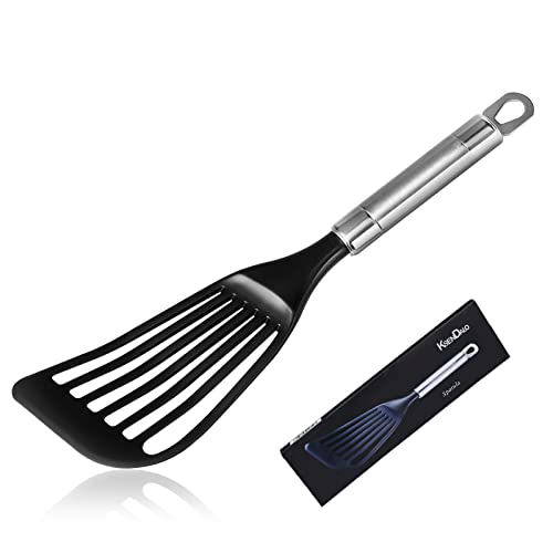 KSENDALO Thin Flexible Nylon Fish Spatula for Nonstick Cookware Fish Spatula Egg Flipper Hollow Steel Handle, LFGB Certified Nylon Thin Blade Sturdy Hollow Handle Dishwasher Safe- Silver/Black - size: Medium (1 Pack)