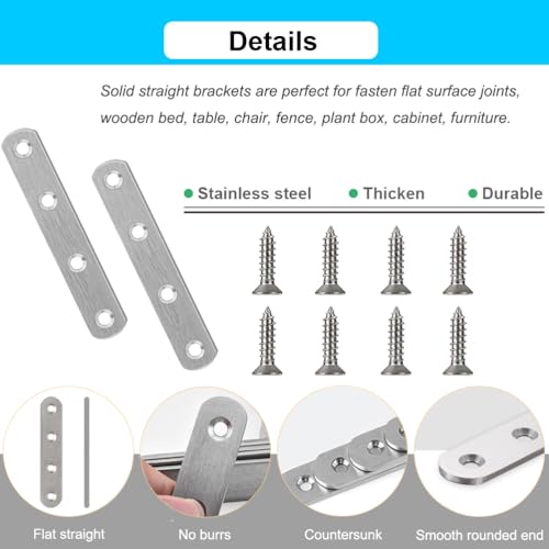 20PCS Heavy Duty Straight Brace 4 Inch Flat Brackets Stainless Steel Mending Plates, Repair Fixing Joining Metal Bracket for Wood with Screws - size: Silver 4" x 0.8"