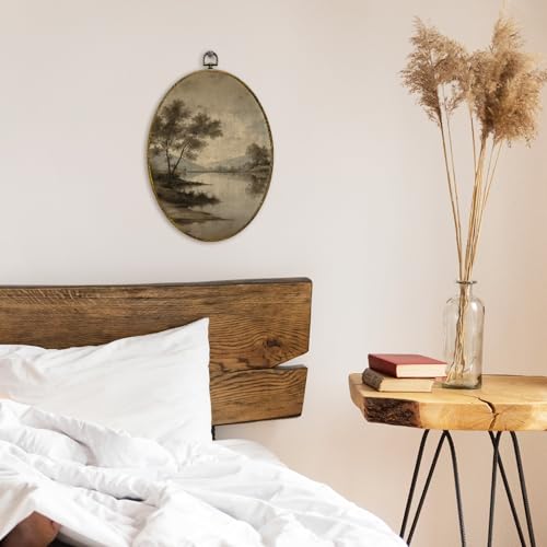 XFCICRLJ Vintage Antique Landscape Wall Art Decor, Rustic Farmhouse Oval Canvas Prints Framed, Neutral Country Lake Landscape Wall Art Decorations for Home Bedroom Living Room Decor, 11x8.5 Inch - color: Scenery