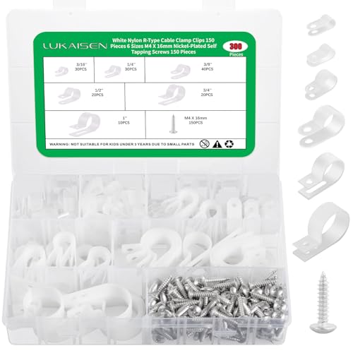 300PCS White Cable Clamps Assortment Kit, Nylon Plastic R-Type 6 Sizes 3/16'' 1/4'' 3/8'' 1/2'' 3/4'' 1'' Cable Mounting Wire Clips Fastener with M4 Screws for Wire Management - color: 300PCS White