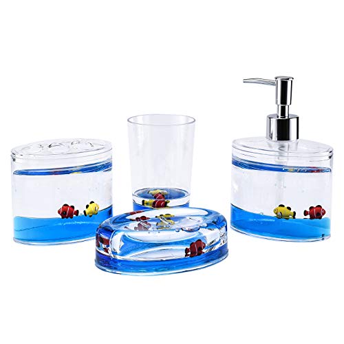 Locco Decor 4 Piece Acrylic Liquid 4D Floating Motion Bathroom Vanity Accessory Set Ocean Cartoon Animal Theme Fish Toothbrush Holder, Tumbler, Soap Dispenser, Soap Dish - size: 4-piece, style: Fish