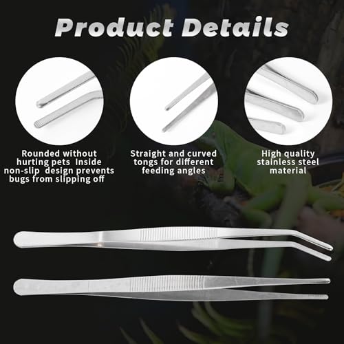 SLSON Reptile Feeding Tongs, 4-Pack Stainless Steel Straight and Curved Tweezers, Handling Tools for Bearded Dragon, Snake, Gecko, Lizards