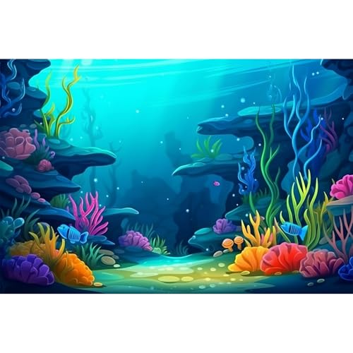 Under The Sea Aquarium Background Cartoon Underwater Scene Coral Reef Terrarium Background Tropical Aquatic Plants Natural Ocean Underwater with Sunbeams Seascape Theme Fish Tank Backdrop 24x12in - color: Cartoon Blue, size: 24(W)x12(H)in