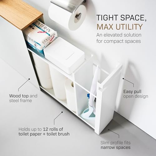 YAMAZAKI Home Pull-Out Bathroom Storage Cabinet – Slim Bathroom Storage Cabinet with Wood Top, Steel Organizer for Toilet Paper and Cleaning Supplies, Modern Space-Saving Design, White - Steel + Wood - color: White