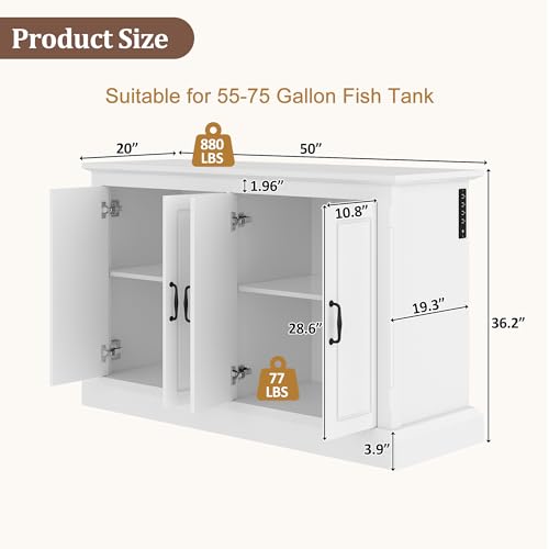 55-75 Gallon Fish Tank Stand with Power Outlet, Heavy Duty Aquarium Stand with 4 Cabinets for Turtle Tank,Reptile Terrarium with Cabinet for Fish Tank Accessories Storage,880LBS Capacity,White - color: White, size: 50.00“L*20.00'W*36.20"H