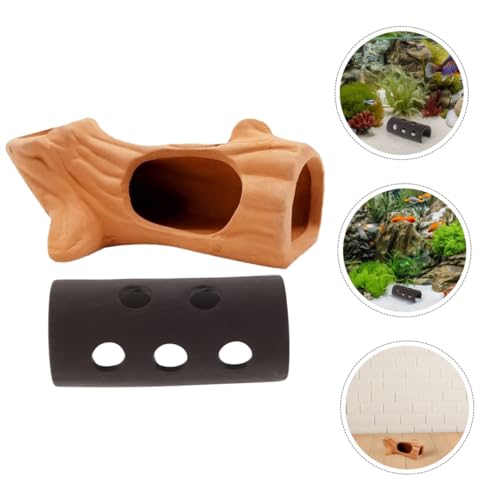 VOSAREA 2pcs Aquarium Breeding Cave and Shrimp Shelter Ceramic Fish Tank Decorative Shelter Red Clay Tree Stump Design, Small Betta Fish and Shrimp Hiding Hideout for Freshwater Aquatic