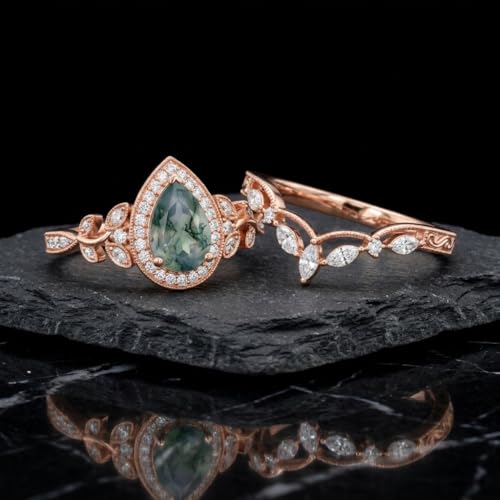 Natural Moss Agate Engagement Ring Set for Women, Unique Genuine Moss Agate Ring, 925 Sterling Silver 10K 14K 18K Solid Gold Nature Inspired Bridal Set, Boho Wedding Jewelry Gift - color: Three