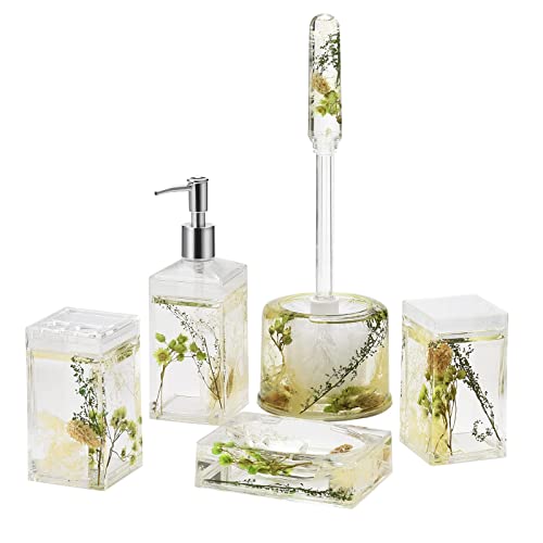 Locco Decor 5 Piece Acrylic Liquid 4D Floating Motion Bathroom Vanity Accessory Set Garden Botanic Green Plants Toothbrush Holder, Tumbler, Soap Dispenser, Soap Dish, Toiletbrush Holder Set - size: 5-piece, style: Green Plants