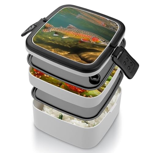 Brook Trout Fly Fishing Stackable Bento Box with Spoon - Leak Proof Lunch Container, Insulated Food Storage Boxes/Invisible Handle for Office, Travel & Picnic