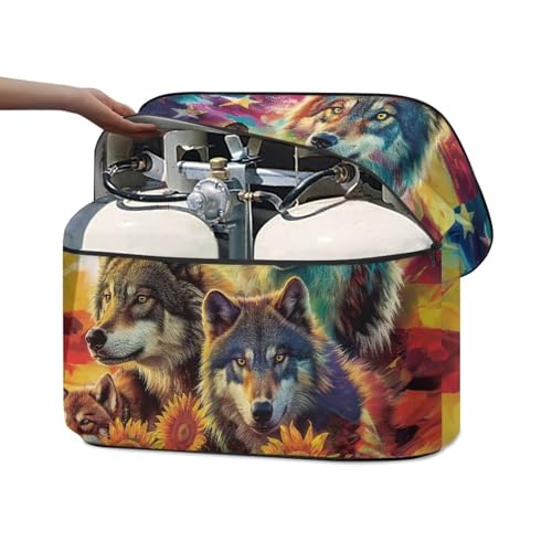 American Flag Wolf Double 20lb RV Propane Tank Cover Reliable Weather Resistant Gas Cylinder Cover Travel Trailer Polyester Waterproof Cover - color: American Flag Wolf-1, size: S(20LB)