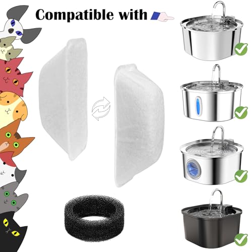 16 Pcs Cat Water Fountain Filters Replacement for 108oz/3.2L & 84oz/2.5L Pet Water Fountain,Including 8 Pcs Cat Water Fountain Filter & 8 Pcs Pre-Filter Sponges Foam Filter - color: 8+8 Pack