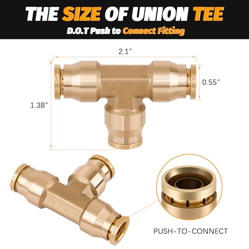 4PCS 3/8" Tee Union DOT Air Fittings，3 Way Tube Air Line Adapter Quick Push to Connect Fittings Brass Union Tee for Car Truck Trailers and Air Brake System - color: DOT Union Tee, size: 3/8" Od