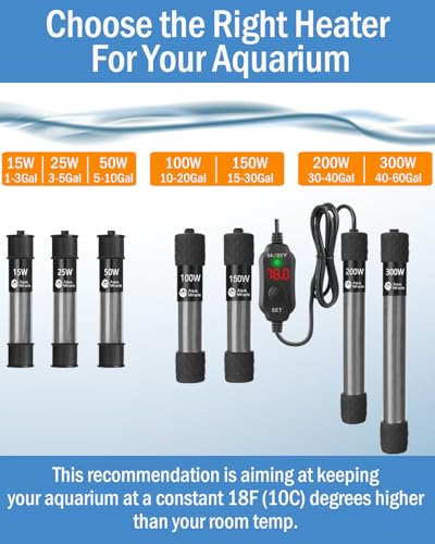 AquaMiracle Aquarium Heater 300W Fish Tank Heater for 40-60 Gal Tanks, LED Digital Display Thermostat Turtle Heater with Out-of-Water Auto Shut-Off, Overheat Protection & Memory Function - size: For 40-60 Gal Tank
