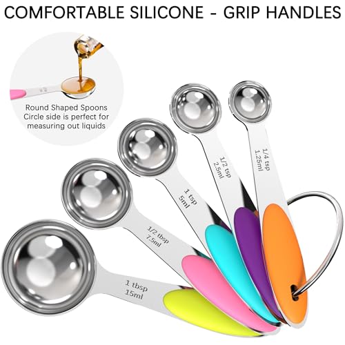 TILUCK Nesting Measuring Cups and Spoons Set, Stainless Steel with Soft Silicone Handle – Heavy Duty & Dishwasher Safe for Measuring Dry/Liquid Ingredients, Ideal for Cooking & Baking (10)