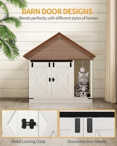 Hzuaneri Cat Litter Box Enclosure, Hidden Litter Box Cabinet Furniture with Bell, Indoor Cats House, Farmhouse Style, 31.5 x 19.7 x 20.9Inches, for Hallway, Bedroom, Rustic Brown and White CB82414X - color: Rustic Brown and White, size: 31.5"L x 19.7"W x