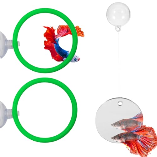 Beta Fish Aquariums Accessories, 1 Fish Mirror with Floating Ball & 2 Exercise Training Ring Toys, Fish Feeding Ring, Betta Fish Toys Set for Tank, Enrichment Toys for Fish - color: green ring