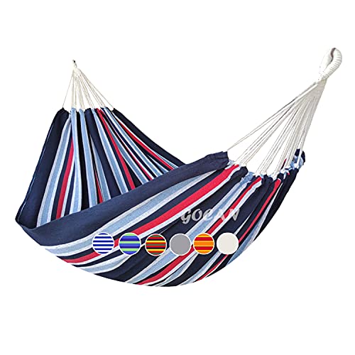GOCAN Brazilian Double Hammock 2 Person Extra Large 220x160cm Total Length 330cm Load 500lb Canvas Cotton Hammock for Patio Porch Garden Backyard Lounging Outdoor and Indoor(Dark Blue) - color: Dark Blue