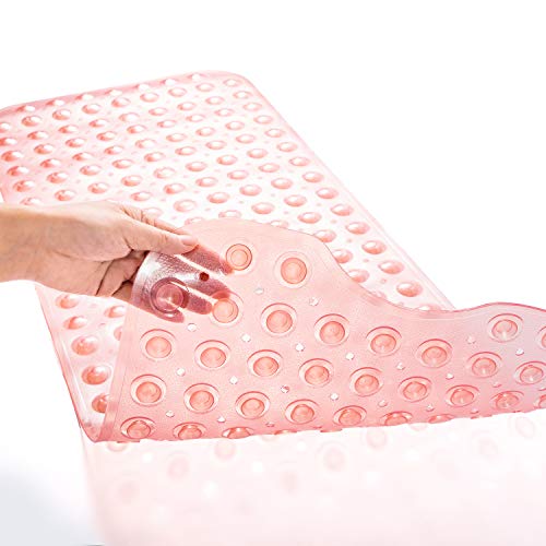 TEESHLY Bathtub Mats for Shower Tub, Extra Long Non-Slip 39 x 16 Inch Bath Mat with Drain Holes and Suction Cups, BathMat for Bathroom with Machine Washable (Clear Coral Pink) - color: Clear Coral Pink
