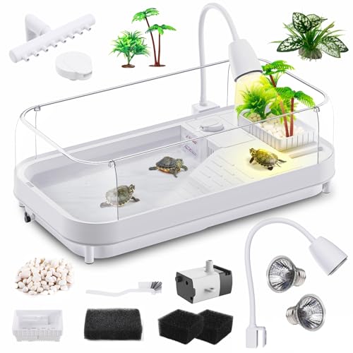 Moonorange Large Turtle Tank Kit (Tank+Lamp+Filter), Acrylic Turtle Tank Starter Kit with Heightened and Curved Fences, Bottom Drainage, Multi-Function Areas - color: White (Large Kit)