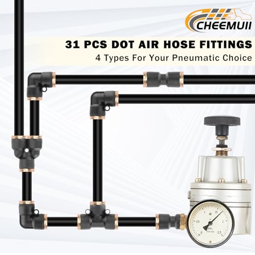 CheeMuii 31 PCS DOT Air Brake Line Fittings 1/4" 3/8" Push to Connect Fittings Quick Connect Air Hose Fittings Repair Kit for Truck or Industrial Air System - size: 31PCS