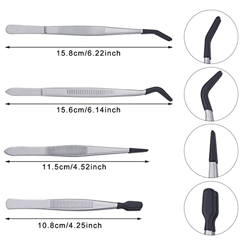 DragonflyDreams 4 Pieces Tweezers with Rubber PVC Coated Set, Straight Tip Tweezers Rubber Flat Tip Long Bent Tweezer for Crafts Stamps Beads Jewelry Tools (Rubber Tweezer)