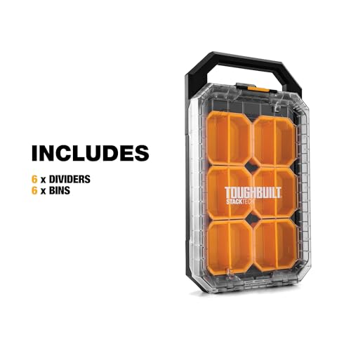 ToughBuilt – StackTech Compact Low Profile Organizer, Clear-Top Modular Storage with Auto-Locking System, 6 Bins & Dividers (TB-B1-O-10C) - size: Compact Low Profile