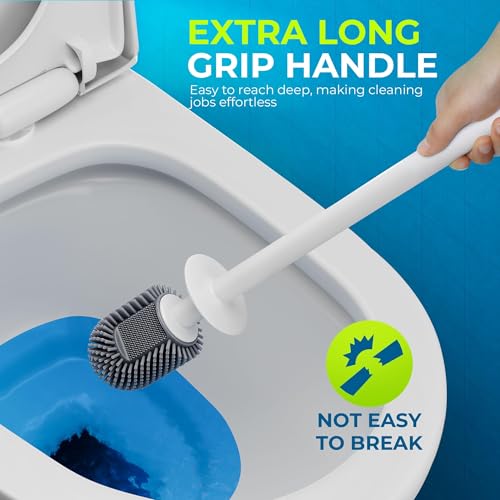 Silicone Toilet Brush, L-Shaped Toilet Brush and Holder Set, Bathroom Toilet Brush with Long Non-Slip Handle, Wall Mounted or Floor Standing Design, for Home and RV Use