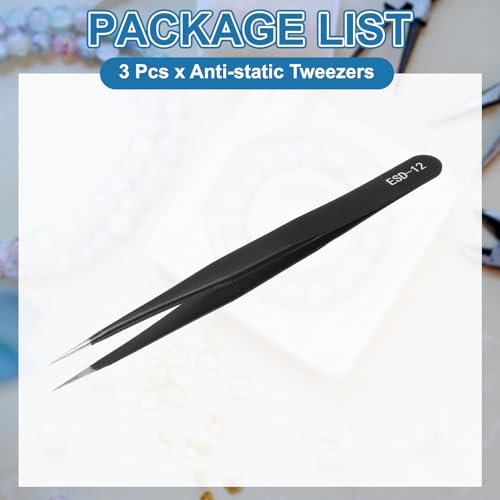 HARFINGTON 3pcs 5.31" Long ESD-12 Anti-static Straight Pointed Tip Tweezers Stainless Steel Round Edge Non-magnetic Precision Tweezers for Various Electronics Precise Repair - size: 5.31"（ESD-12)