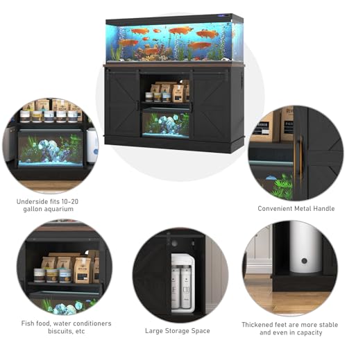 Hlivelood Farmhouse 55-75 Gallon Fish Tank Stand with Power Outlet, Aquarium Stand w/Cabinet&Sliding Barn Door, Heavy Duty Reptile Tank Stand for Fish/Turtle/Reptile Terrarium, 1000LB Capacity, Black - color: Black, size: 55-75 Gallon