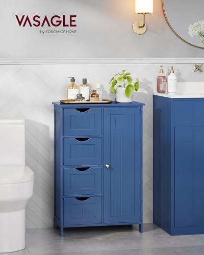 VASAGLE Storage Cabinet with Drawers, Freestanding Floor Cabinet with Door, 11.8 x 21.7 x 32.3 Inches, Adjustable Shelf, for Bathroom, Living Room, Kitchen, Bijou Blue ULHC041QE01S - color: Bijou Blue, style: 1 Door + 4 Drawers（32.3"）