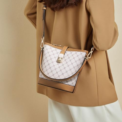 FOXLOVER Coated Canvas Bucket Crossbody Bags for Women Top-Handle Handbags Small Satchel Purse Trendy Twist Lock - color: White