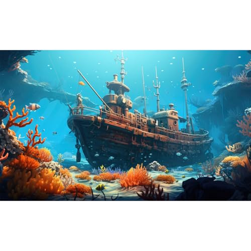 Underwater Scene Aquarium Background Vibrant Coral Reef Marine Life Sunken Pirate Ship Fish Tank Background Stunning Ocean Bed Underwater Rock Submerged Structure Seascape Reptile Backgrounds 24x12in - color: Light Blue_Orange, size: 24(W)x12(H)in